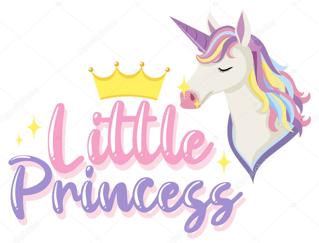 Little princess logo with unicorn in pastel color with sparkling illustration