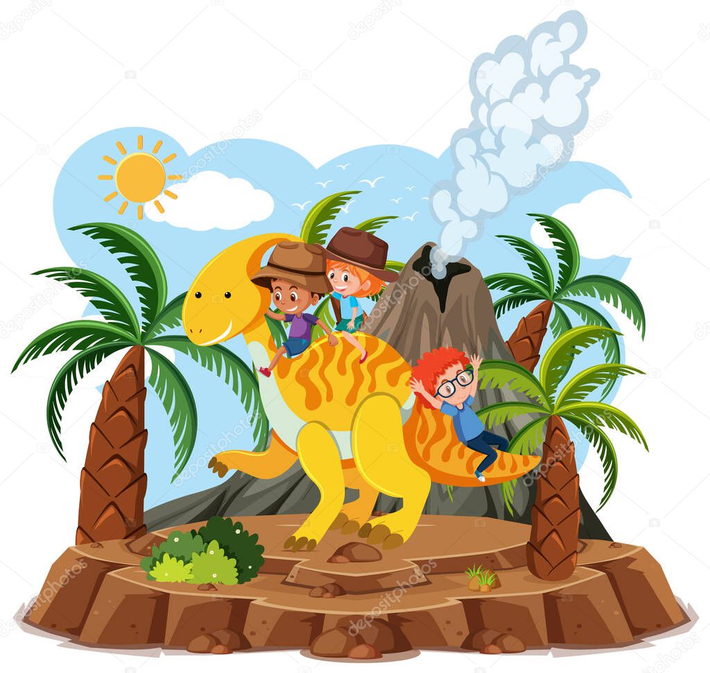 Kids ride cute dinosaur with volcano eruption isolated on white background illustration