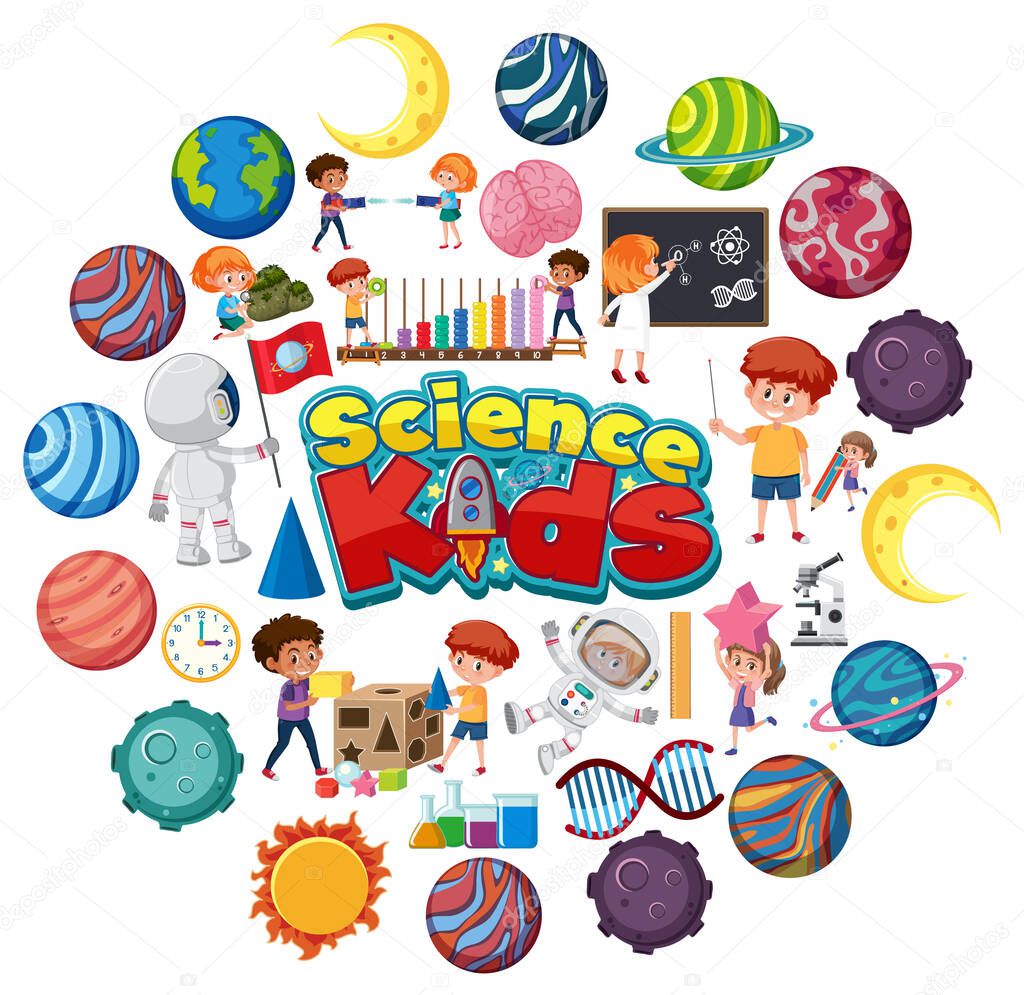 Science kids logo with many planets in circle shape  illustration