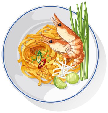 Canlı süsleri, temiz çizgileri ve parlak renkleri olan karidesli şehriye yemeğinin renkli vektör çizimi.