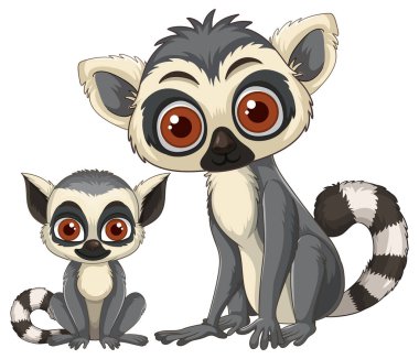 Bebek, büyük gözler, kalın hatlar, nötr renkler ile halka kuyruklu lemur şirin vektörü.