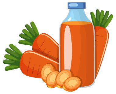 Havuç suyu şişesinin düz vektör çizimi. Beyaz arka planda dilimlenmiş havuçlar..