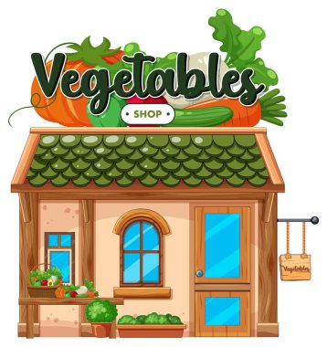 Yeşil çatılı ve renkli ürünler üreten tuhaf bir sebze dükkanının parlak vektör çizimi.