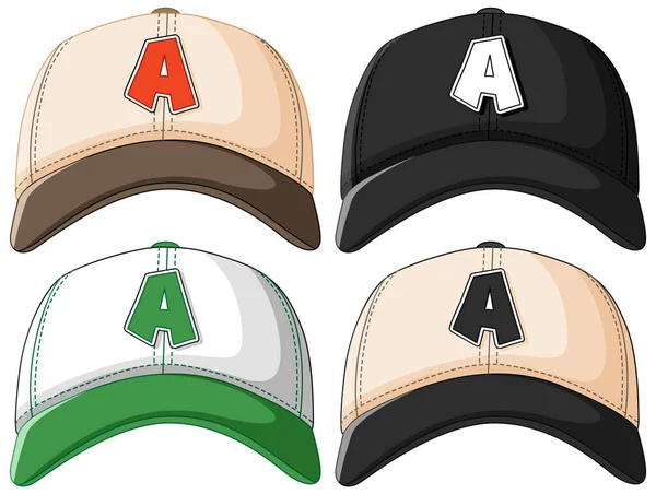Kalın A harfi ile dört renkli beysbol şapkasının vektör çizimi, temiz çizgiler, canlı renkler.