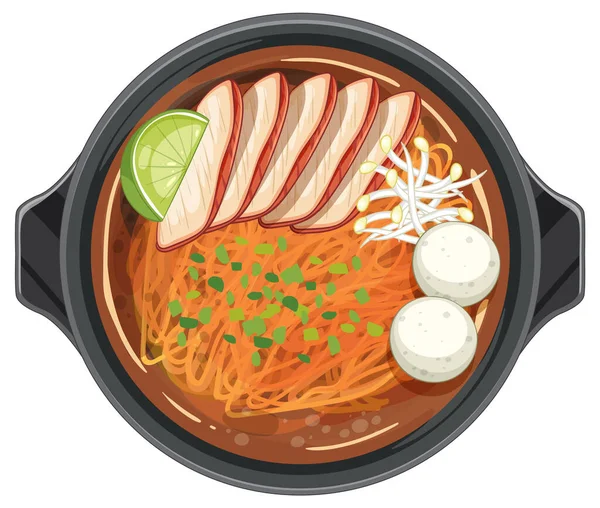 Limonlu, sebzeli ve renkli garnitürlü Tayland tavuklu şehriye çorbası..