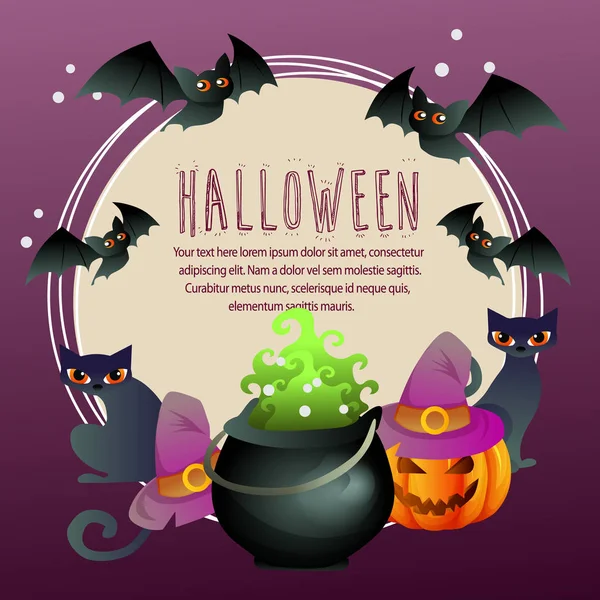 Tarjeta Halloween Con Olla Mágica — Vector de stock