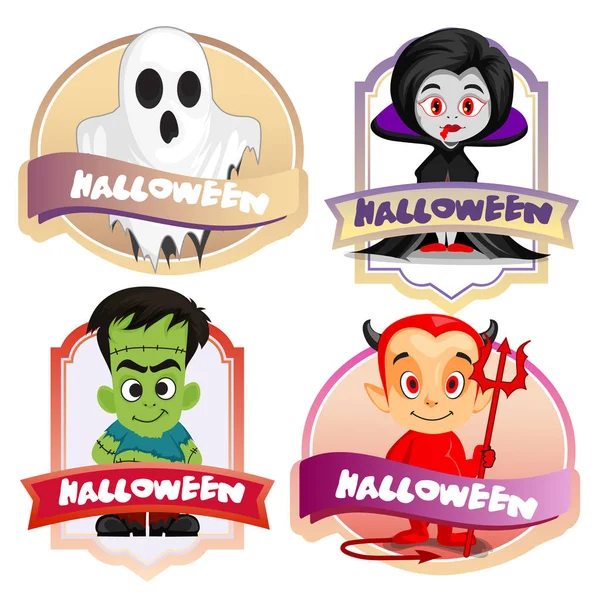 Halloween Label Cartoon Characters Frankenstein Ghost Vampire Little Devil — Stock Vector