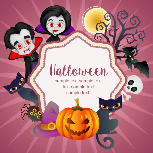 Witam Halloween Karty Dracula Kot Czaszka Dynia Bat — Wektor stockowy