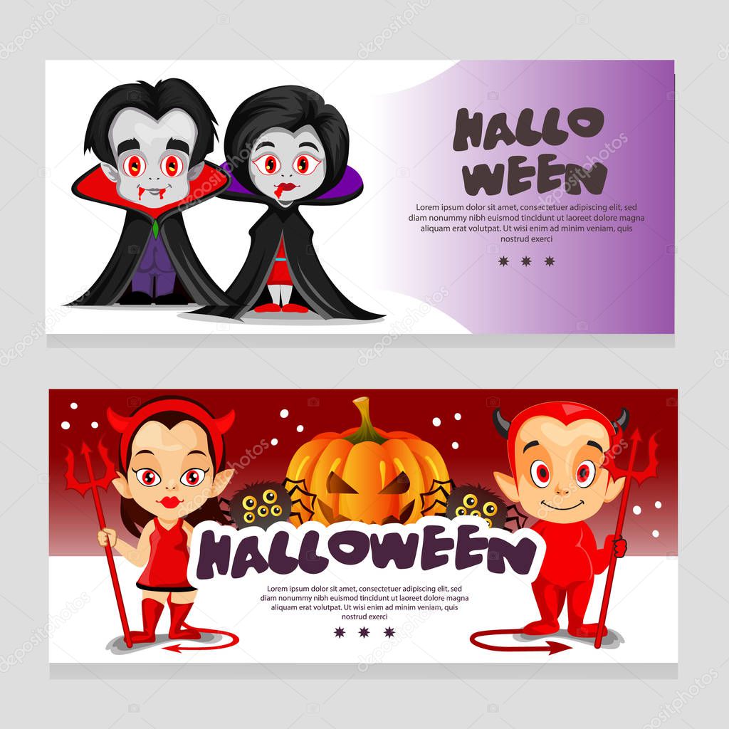halloween theme banner with couple vampire and couple little devil