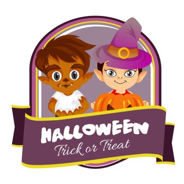 Cadılar Bayramı kartı küçük cadı ve kurt adam karikatür ile