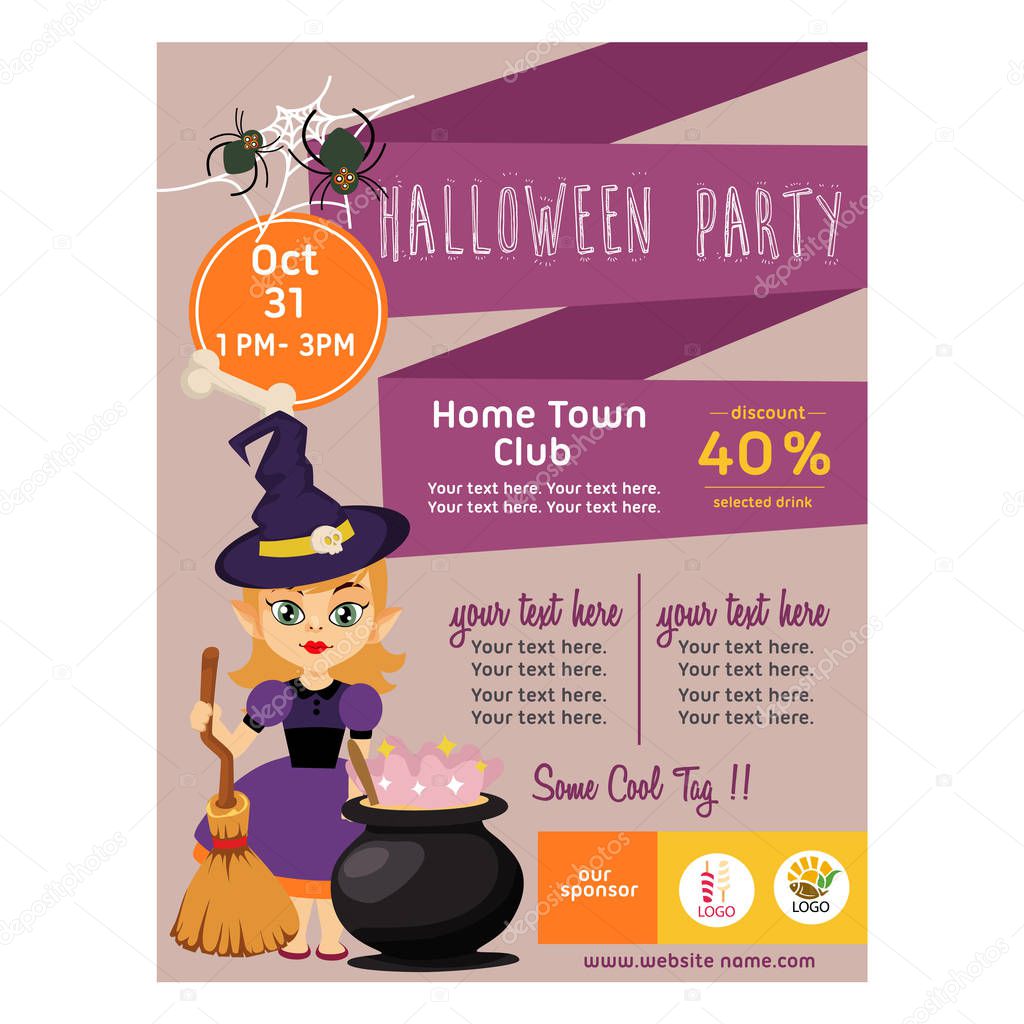 halloween purple poster with kid wizard flat style
