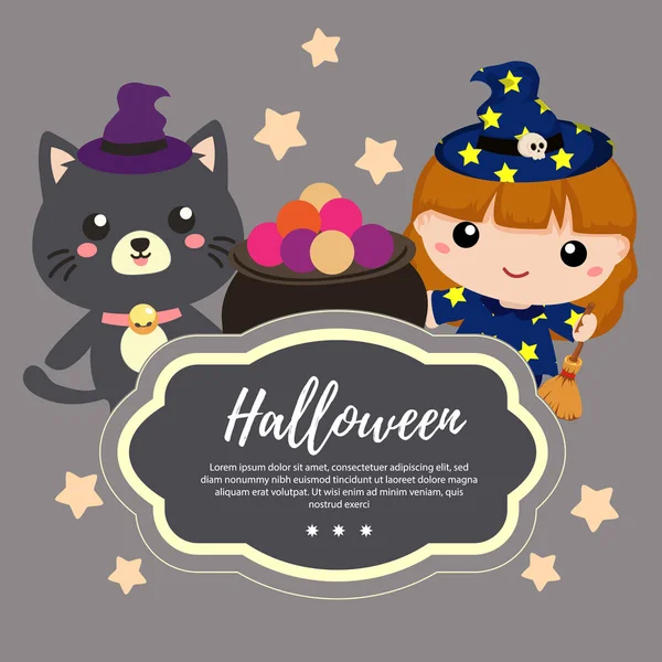Plantilla Halloween Con Adorable Gato Bruja — Vector de stock