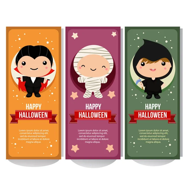 Colección Pancartas Halloween Con Los Niños Traje Momia — Vector de stock