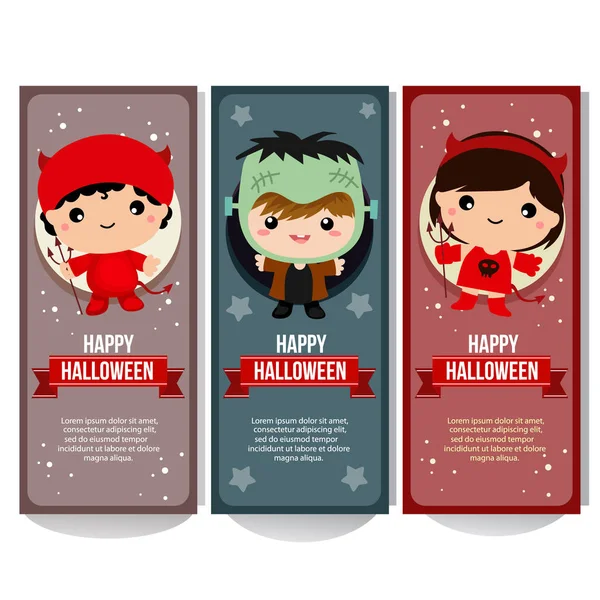 Colección Pancartas Halloween Con Disfraz Diablo Niños — Vector de stock