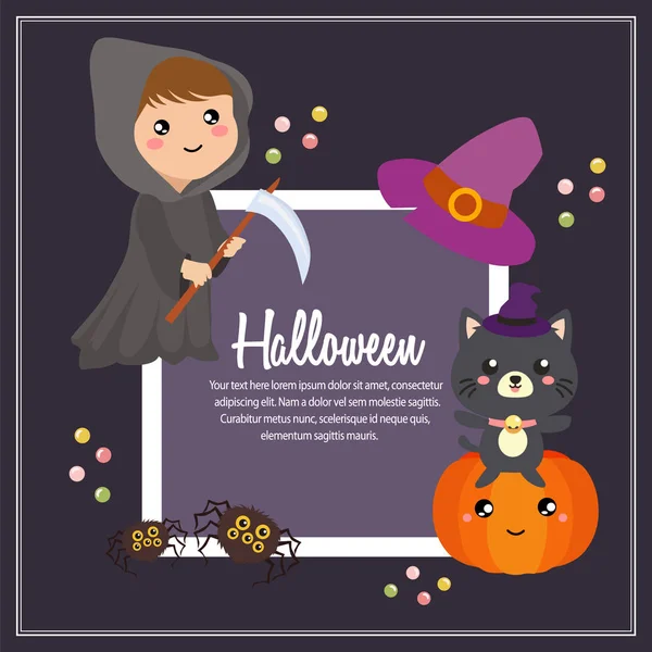 Halloween Sensenmann Kinder Kostüm Quadratischen Text — Stockvektor