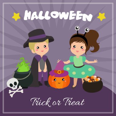 Cadılar Bayramı kartı uzaylı kostüm karakterler ile