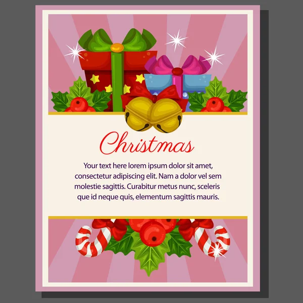 Feliz Navidad Tema Cartel Caricatura Presente Caja — Vector de stock