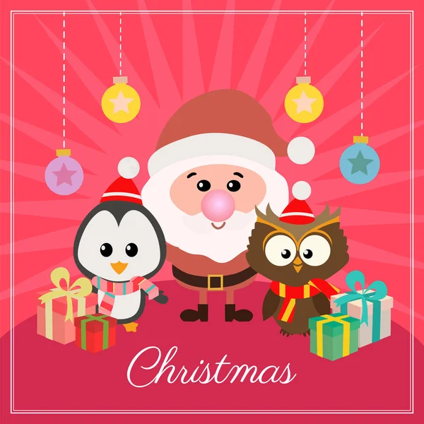 Cartão Natal Com Caixa Presente Pinguim Coruja Santa — Vetor de Stock