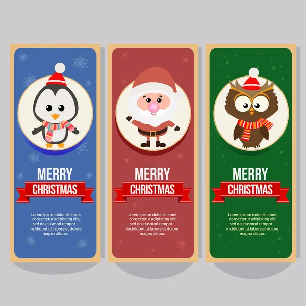Weihnachten Vertikales Banner Mit Weihnachtsmann Pinguin Eule — Stockvektor