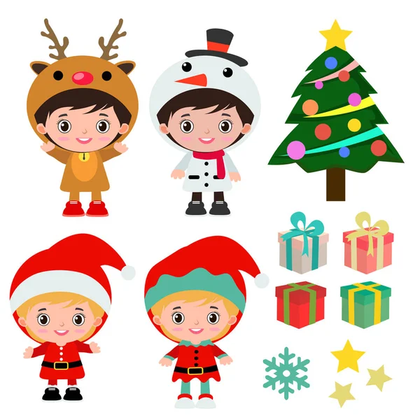 Vánoční Děti Kostým Sada Plochý — Stockový vektor