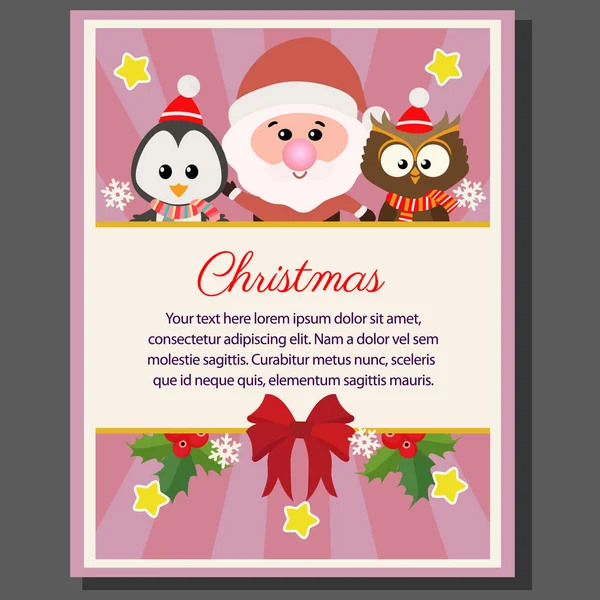 Feliz Navidad Tema Cartel Plano Santa Pingüino Búho — Vector de stock