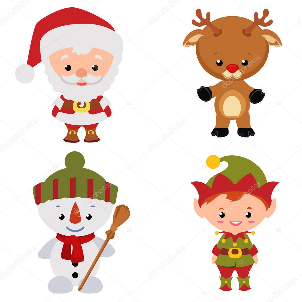 christmas santa snowman reindeer elf cartoon set