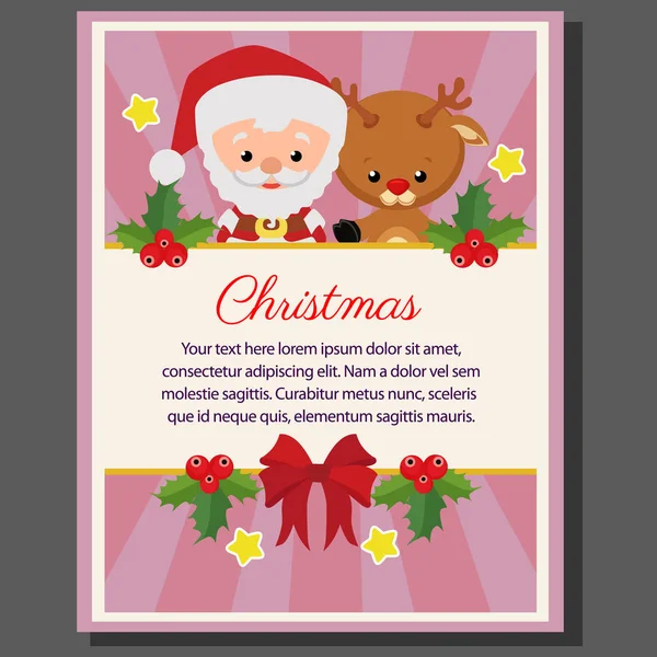 Feliz Navidad Tema Cartel Estilo Plano Dibujos Animados Renos Santa — Vector de stock