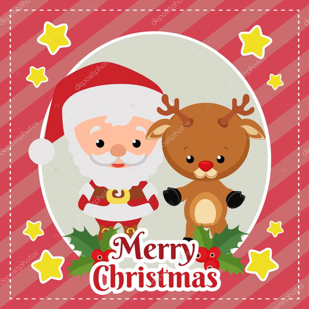 template merry christmas card with santa claus and reindeer