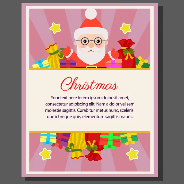 Glücklich Weihnachten Thema Poster Flachen Stil Weihnachtsmann Geschenksäcke — Stockvektor