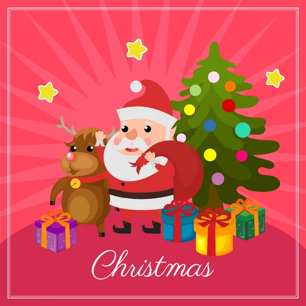 Cartão Natal Com Renas Desenhos Animados Santa Claus — Vetor de Stock