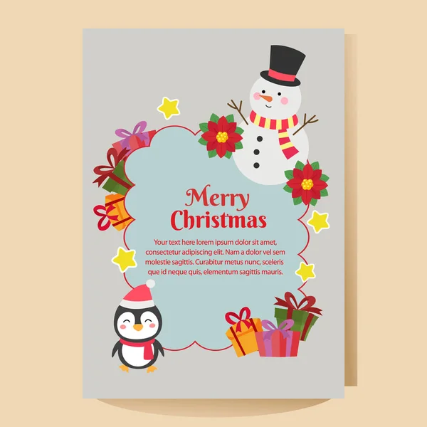 Cartel Navidad Con Muñeco Nieve Dibujos Animados Pingüino — Vector de stock