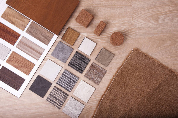 Top view of sample materials. Materials of Home Design on wooden
