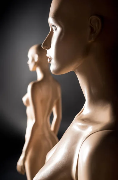 Selective Focus Two Naked Mannequins Studio Black — Stock Photo, Image
