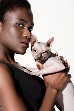 sphynx kedi tutarak ve üzerinde beyaz izole kamera bakarak mayo güzel Afrikalı-Amerikalı kadın görmek