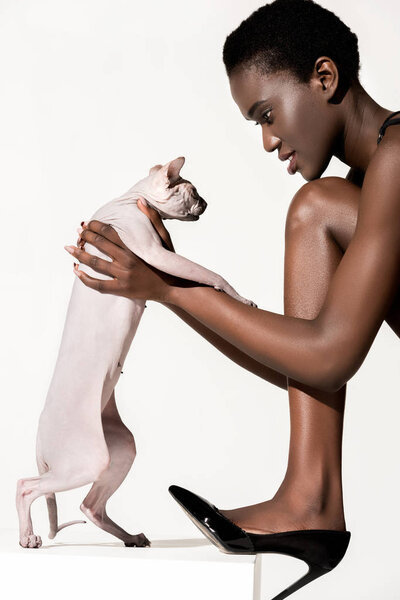 Вид сбоку красивой африканской девушки в туфлях на высоком каблуке, держащей на белом кота
