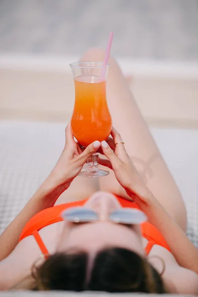 Selective Focus Young Woman Swimwear Sunglasses Holding Cocktail Resting Beach — Stock Photo, Image