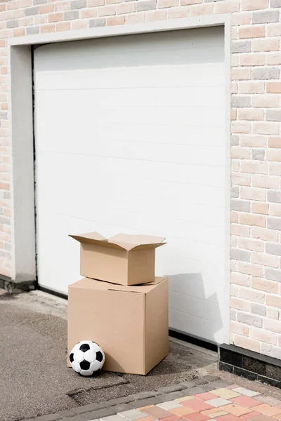 Close Shot Boxes Soccer Ball Front Garage Gate — Stock Photo, Image