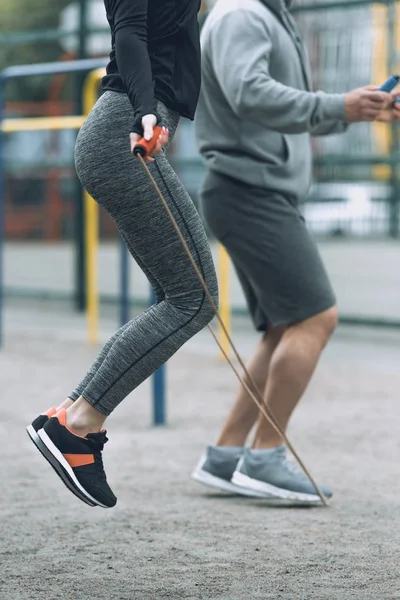 Cropped Image Sportsman Sportswoman Jumping Ropes — Stock Photo, Image