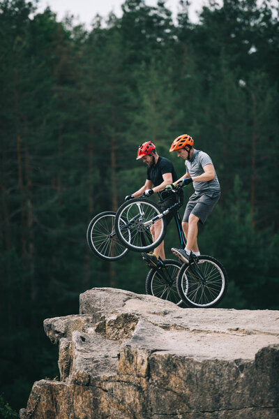 risky trial bikers standing on back wheels on rocky cliff with blurred pine forest on background