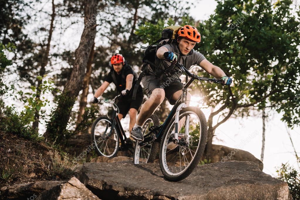 athletic young trial bikers riding on rocks at pine forest