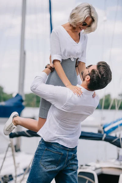 Rear View Man Holding Hands Smiling Girlfriend Sunglasses — Stock Photo, Image