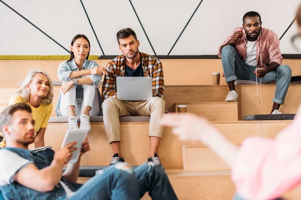 Stylish Young Students Spending Time Together College Wooden Tribunes — Stock Photo, Image