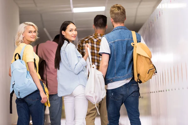 Rear View Young Students Walking College Corridor — Stock Photo, Image