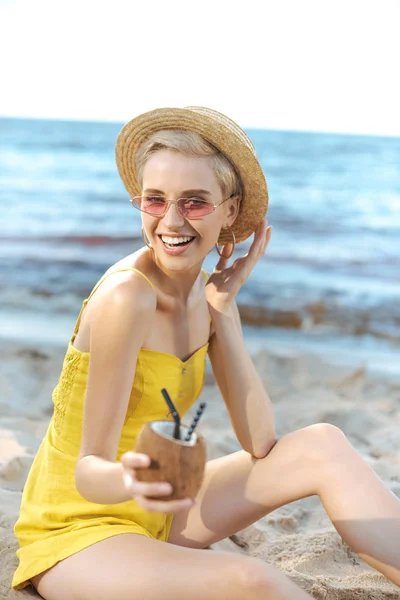 Partial View Woman Holding Coconut Cocktail Straws Hand — Stock Photo, Image