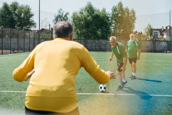back view of goalkeeper and elderly men on football field