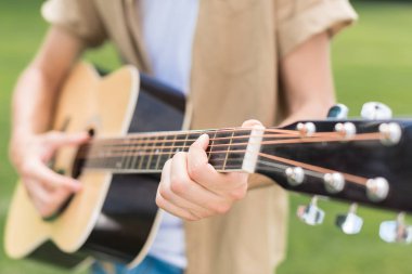 Park akustik gitar çalmak adama kadeh kırpılmış
