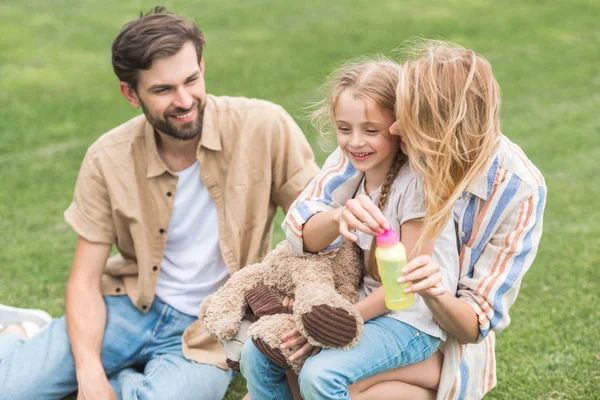 公園でシャボン玉を吹く つ子と幸せな家庭のハイアングル — ストック写真