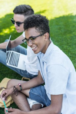 yüksek açı görüntülemek gülümseyen ve birlikte çimenlerin üzerinde çalışırken dizüstü kullanarak çok ırklı gençlerin