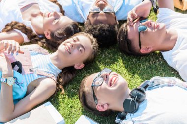 mutlu çok ırklı genç arkadaş yan yana yeşil çayır üzerinde yatarken yüksek açılı görünüş
