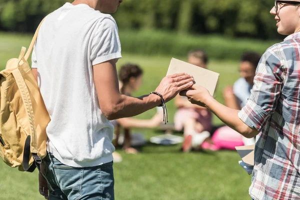 Plan Recadré Garçons Adolescents Tenant Livre Dans Parc — Photo